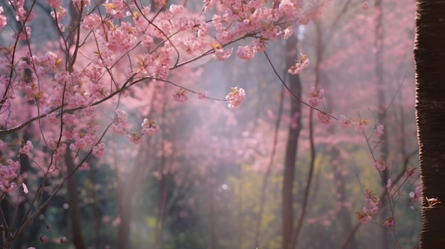 Un árbol con flores rosas en el bosque.
