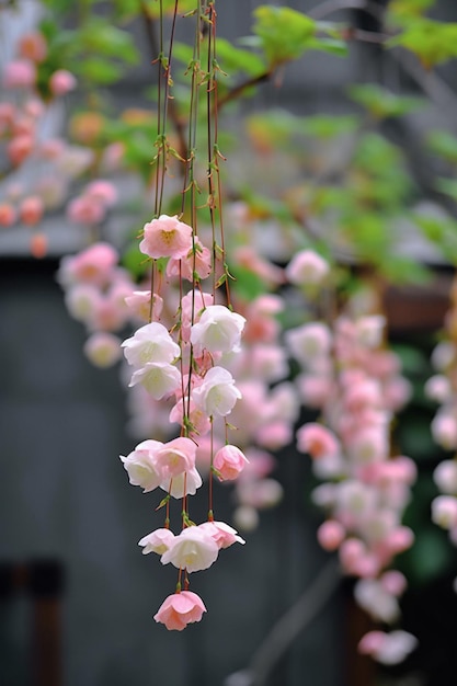 Un árbol con flores rosas colgando de él.