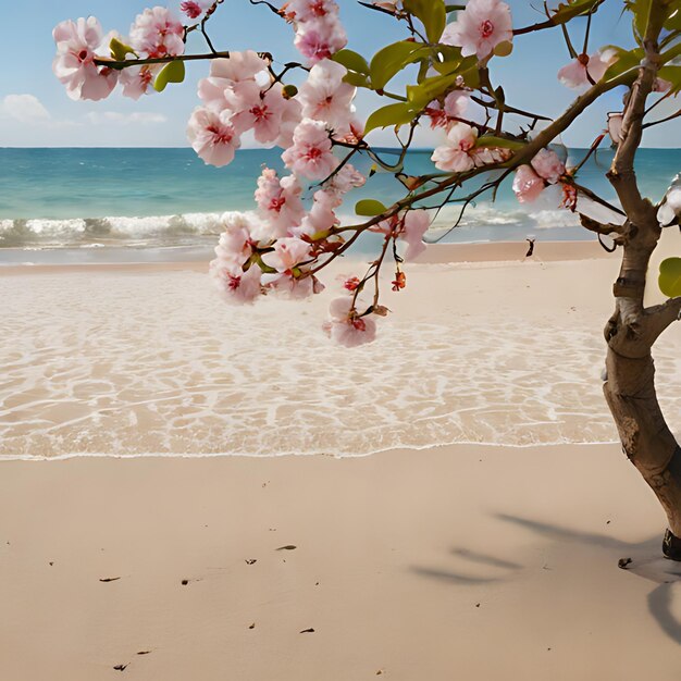 un árbol con flores rosas en él está en una playa