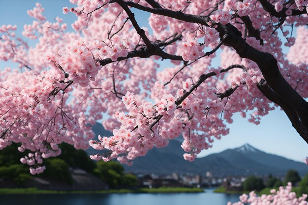 Un árbol con flores rosas frente a un lago.