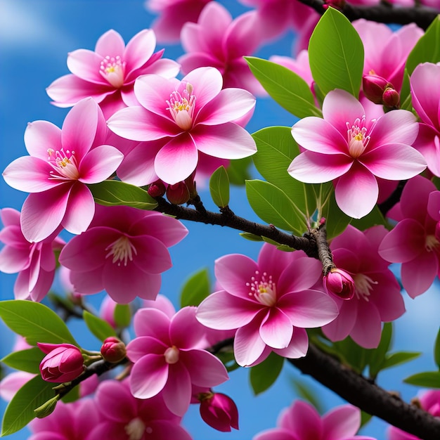 un árbol de flores rosas con hojas verdes