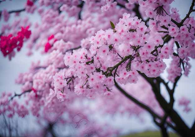 Un árbol con flores rosas y hojas verdes.