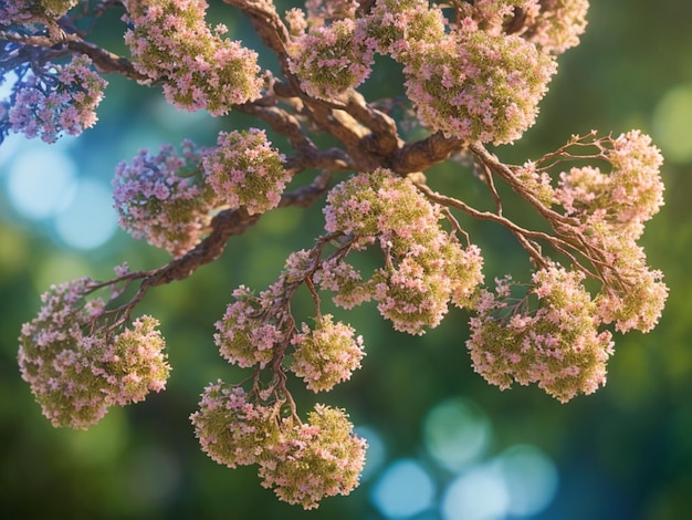 Un árbol con flores rosas y hojas verdes.