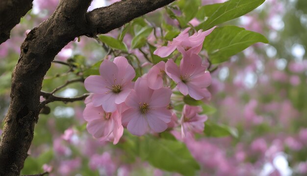 Foto un árbol con flores rosas y hojas verdes