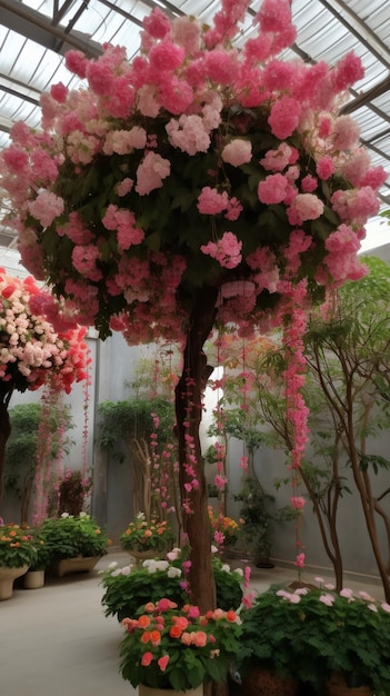 Un árbol con flores rosas en un jardín.