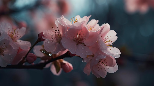 Un árbol con flores rosas bajo la lluvia.