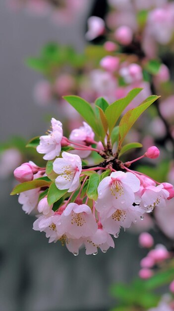 Un árbol con flores rosas bajo la lluvia.