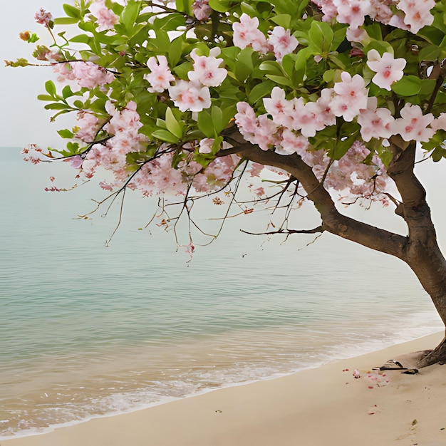 Foto un árbol con flores rosas en él está en una playa