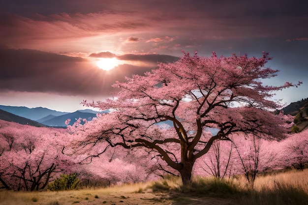 Un árbol con flores rosas en primer plano y la puesta de sol detrás de él