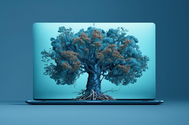 Árbol en el fondo de la pantalla del portátil IA generativa