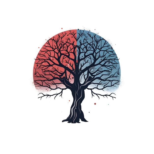 Un árbol con un fondo rojo y azul y la palabra árbol en él.