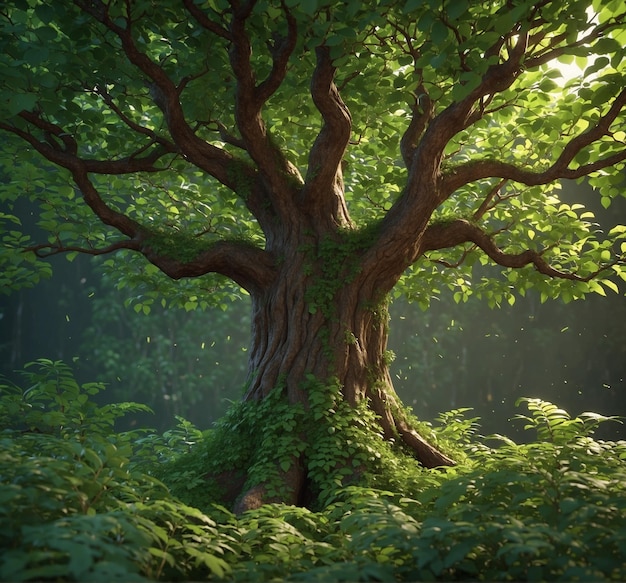 Foto un árbol con un fondo verde y un sol brillando a través de las hojas