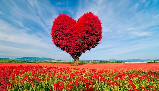 Un árbol en forma de corazón en un campo de flores.