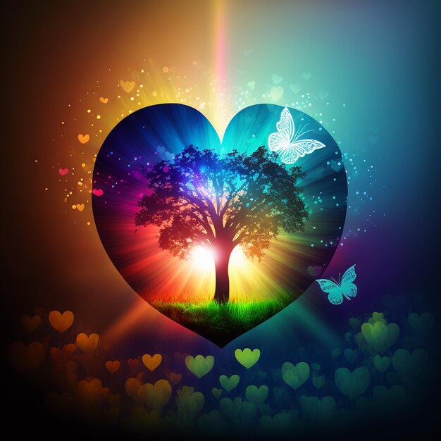 Un árbol en forma de corazón de colores brillantes con mariposas y rayos de sol generativo ai