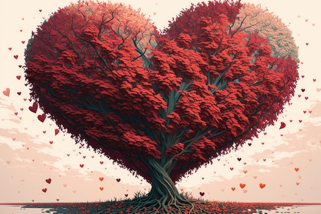 Un árbol en forma de corazón con hojas rojas y raíces en forma de corazón.
