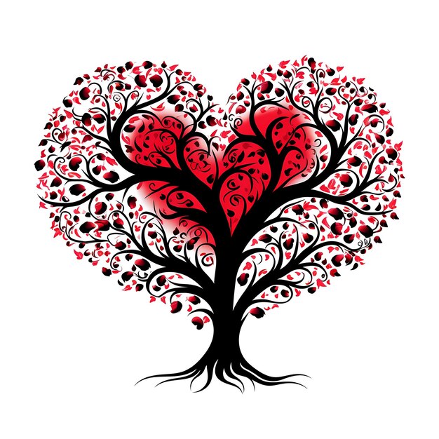 Foto Árbol en forma de corazón con muchos corazones rojos ia generativa