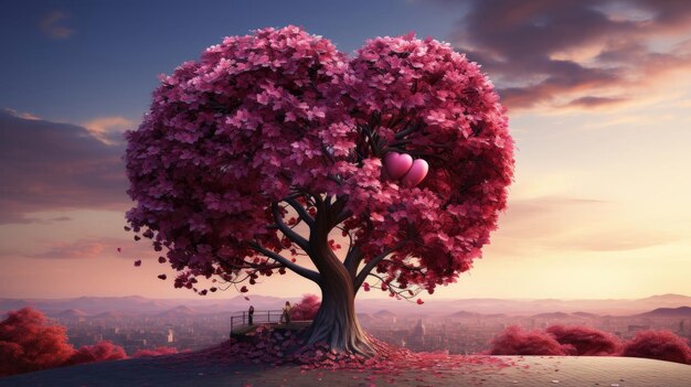 Foto Árbol en forma de corazón rojo y hojas de corazón rosado en una puesta de sol romántica para el día de san valentín