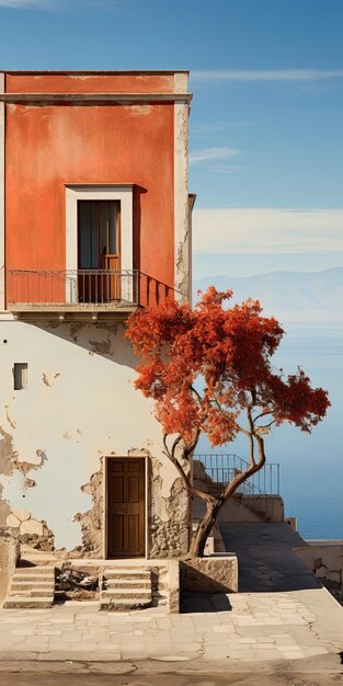 Foto un árbol frente a un edificio con un balcón que dice mar