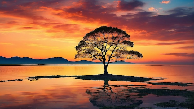 Un árbol frente a una puesta de sol sobre un lago