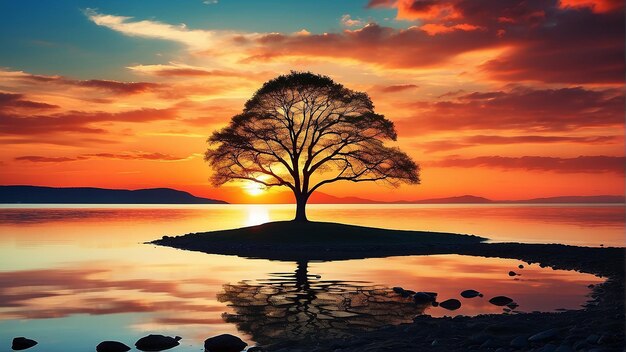 Un árbol frente a una puesta de sol sobre un lago
