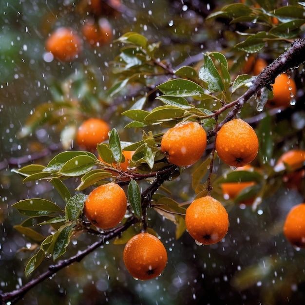 Un árbol con frutos que están cubiertos de lluvia y la lluvia está cayendo.