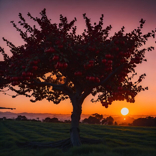 Un árbol con frutos rojos en un campo al atardecer.