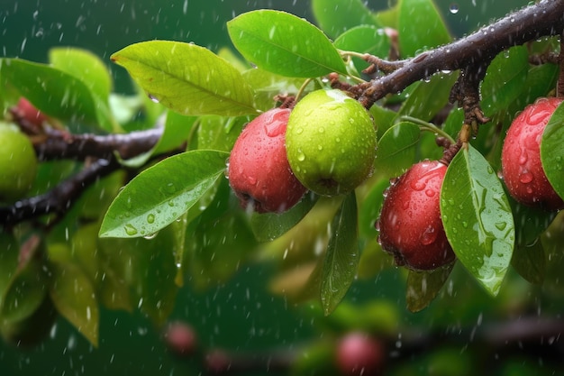 Un árbol con frutos rojos con gotas de lluvia