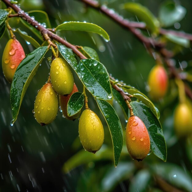 Un árbol con frutos verdes y rojos con gotas de lluvia.