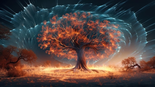 Un árbol en un fuego y un fuego.