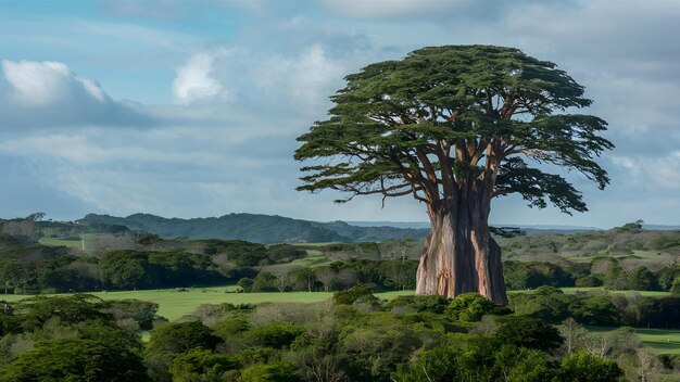 Un árbol gigante se alza en medio de un paisaje verde y extenso.