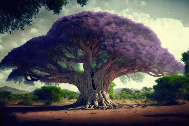 El árbol gigante con hojas de color púrpura se siente como un cuento de hadas