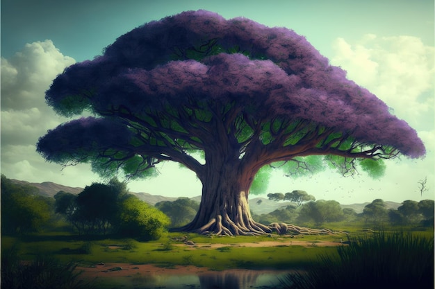 El árbol gigante con hojas de color púrpura se siente como un cuento de hadas