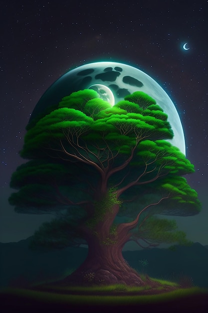 Un árbol gigante con muchas ramas night moon green witchy