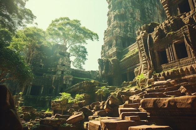 Foto Árbol gigante que crece sobre las antiguas ruinas del templo de ta prohm en angkor wat