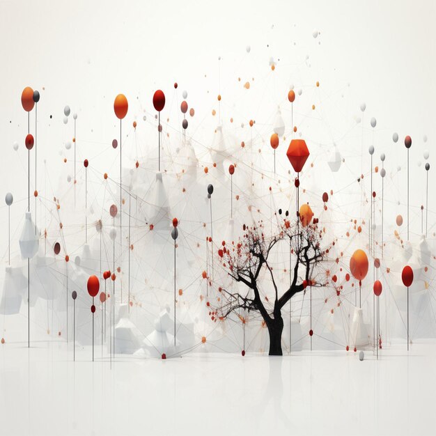 un árbol con globos rojos en el medio