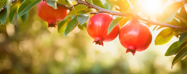 Foto Árbol de granada de primer plano jardín de frutas de fondo con espacio de copia ai generado