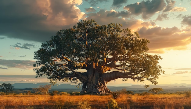 Un árbol grande se encuentra en un campo con un cielo nublado en el fondo