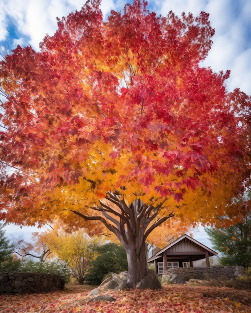 un árbol grande con hojas rojas en otoño