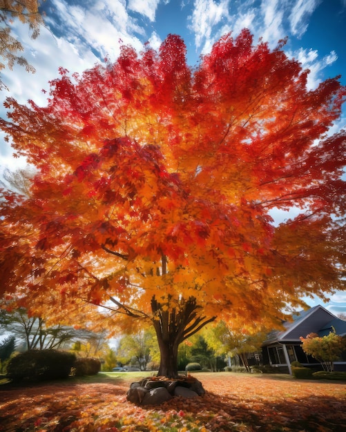 un árbol grande con hojas rojas en otoño