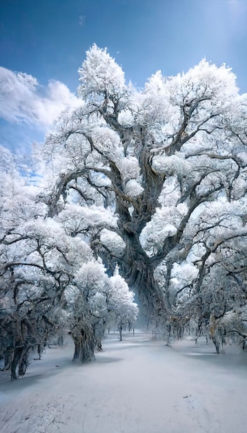 Árbol grande en medio de un campo nevado ai generativo