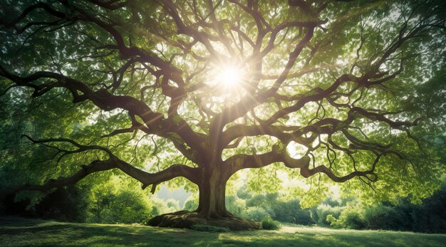 Un árbol grande con rayos de sol brillantes en el estilo de encanto pastoral verde oscuro y verde claro en silencio poético combinando elementos naturales y hechos por el hombre generat ai