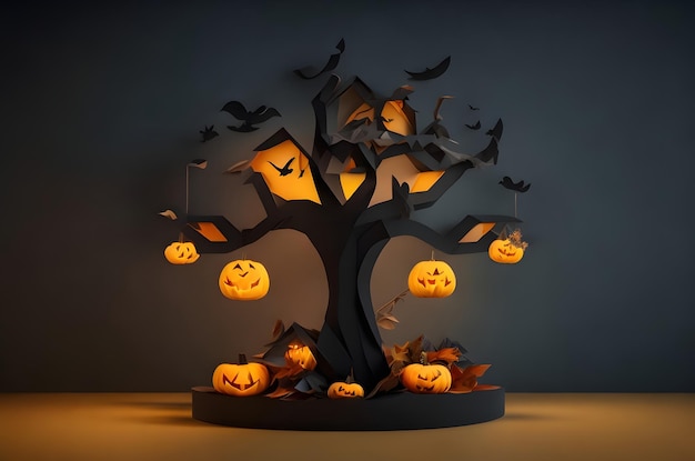 árbol de halloween en un podio estilo de arte de papel ai generado de fondo