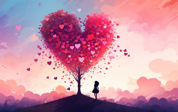 Foto Árbol hecho de corazones con silueta de chica feliz día del amor día de san valentín fondo
