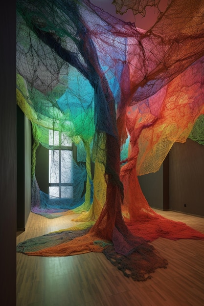 Foto un árbol hecho de hilo cuelga de la pared de una habitación con ventana.