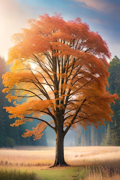 Un árbol con una hoja de color naranja brillante que se encuentra en medio de un campo.