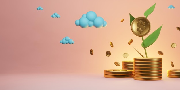 Árbol de hoja de dinero de moneda de dólar de oro de pila flujo de caja de valor de ingreso pasivo de financiación de banca empresarial representación de ilustración 3d financiera