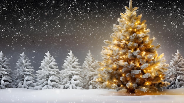 Un árbol de hoja perenne cubierto de nieve rodeado de adornos de oro y luces