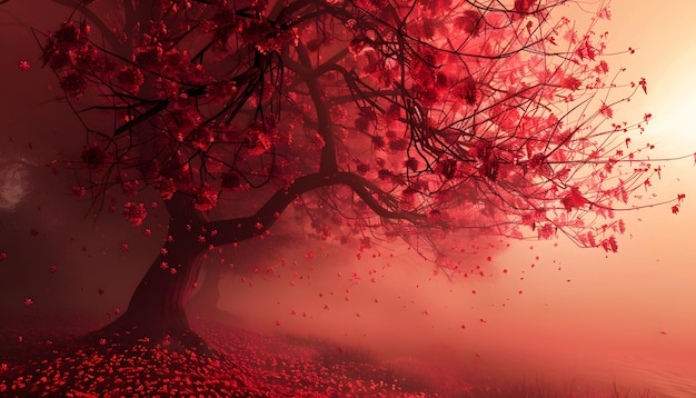 un árbol con hoja roja y hojas rojas en el fondo