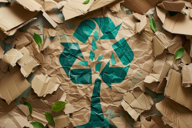 Un árbol con una hoja verde está rodeado de cartón triturado