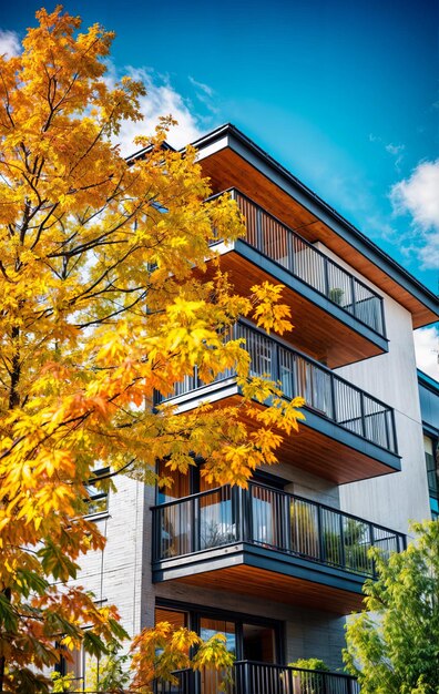 Foto un árbol con hojas amarillas que está fuera del edificio